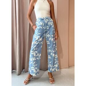 Palm Noosa Hallie Pants Eves Leaves Blue Floral Wide Leg Size AU 8 US 4